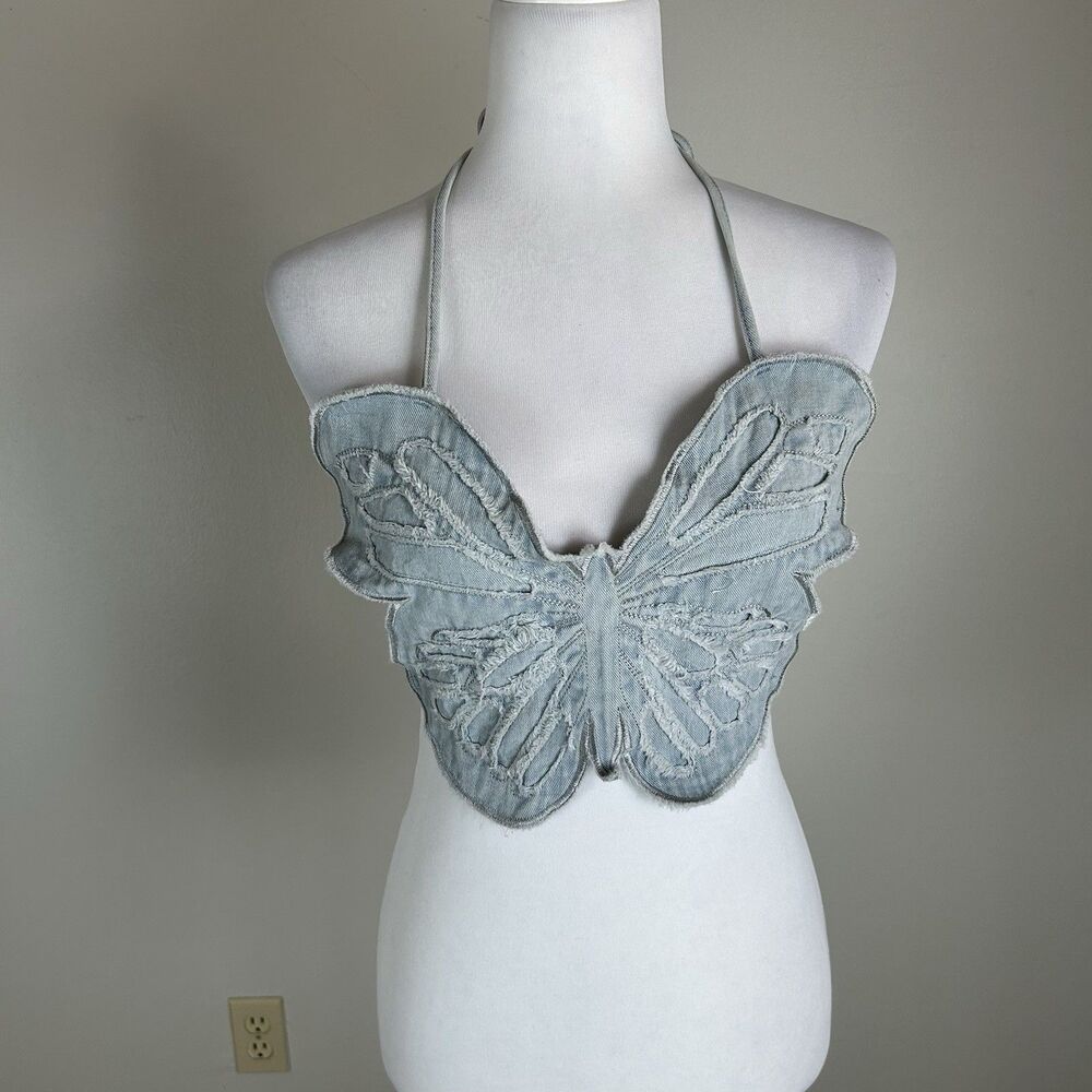 Butterfly S Festival Jean Denim Top Halter Crop Y2K Rave Concert